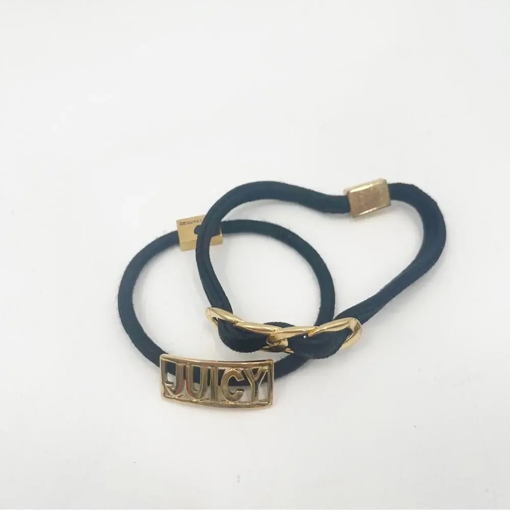 JUICY COUTURE Hair Ties Set of 2 Y2K 2000s Gold Black Logo Elastic Bands *FLAWS